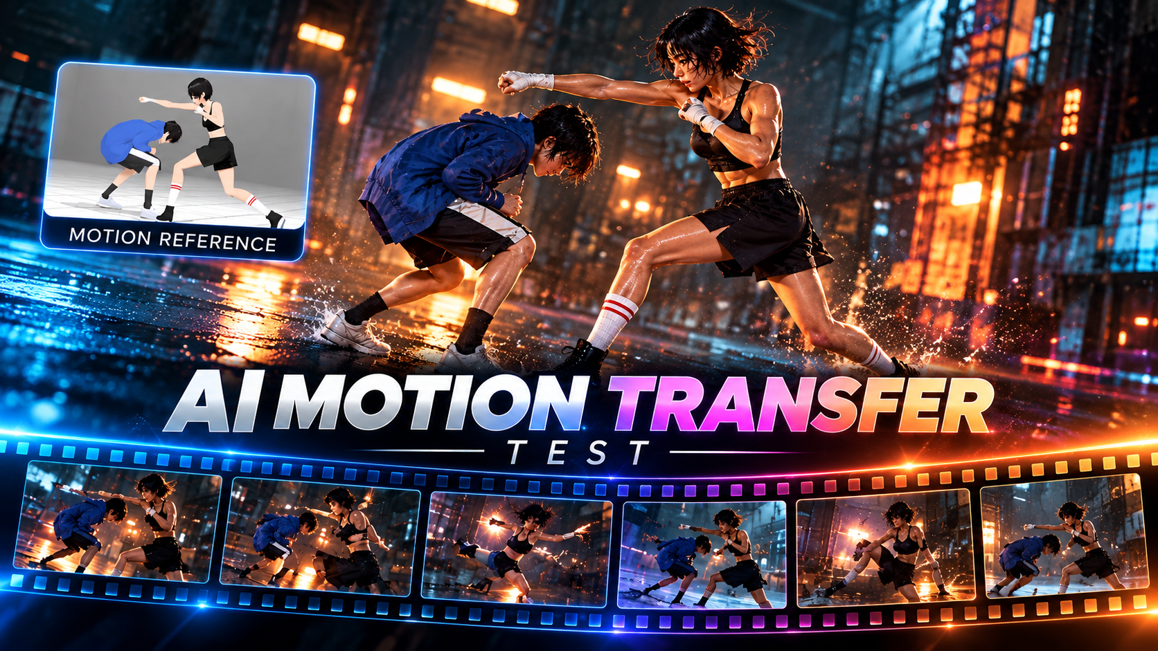 Two women fighting in a rain-soaked city at night, with a neon-lit background, promoting AI motion transfer technology.