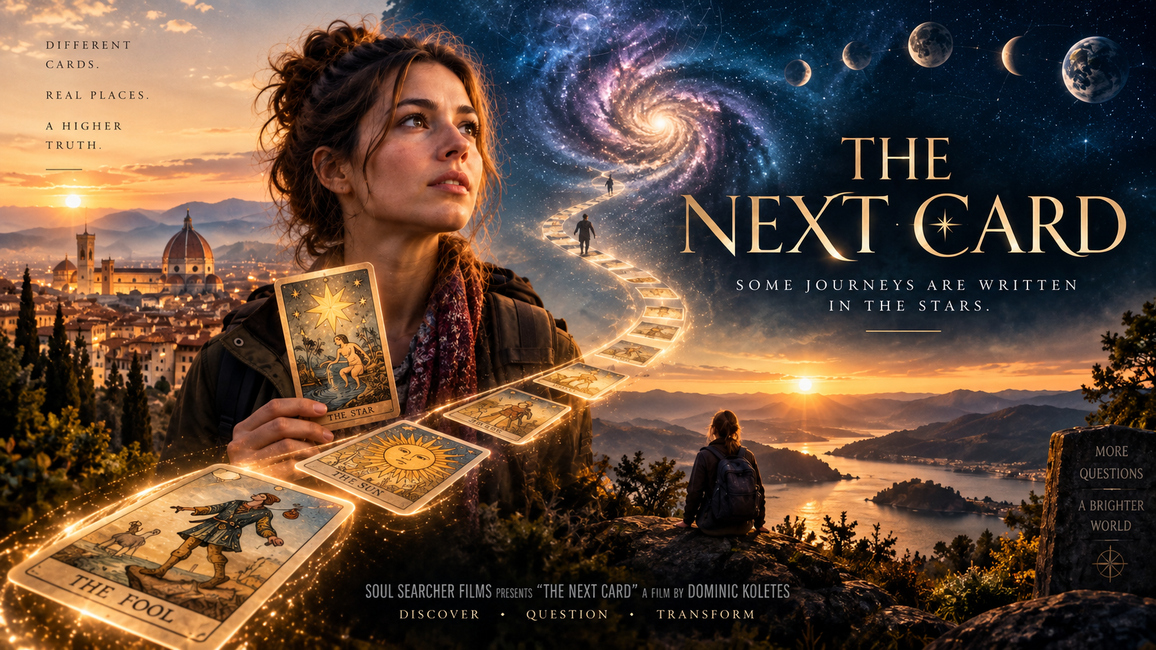 A promotional image for a film or project titled 'The Next Card' showing a woman holding a tarot card labeled 'The Star' with a background of a sunset over a cityscape and mountains. There are cosmic elements like a spiral galaxy, moons, and stars in the sky, along with a winding path of tarot cards leading into the galaxy. The image includes text that says 'Some journeys are written in the stars' and promotional phrases for discovery, questioning, and transformation.
