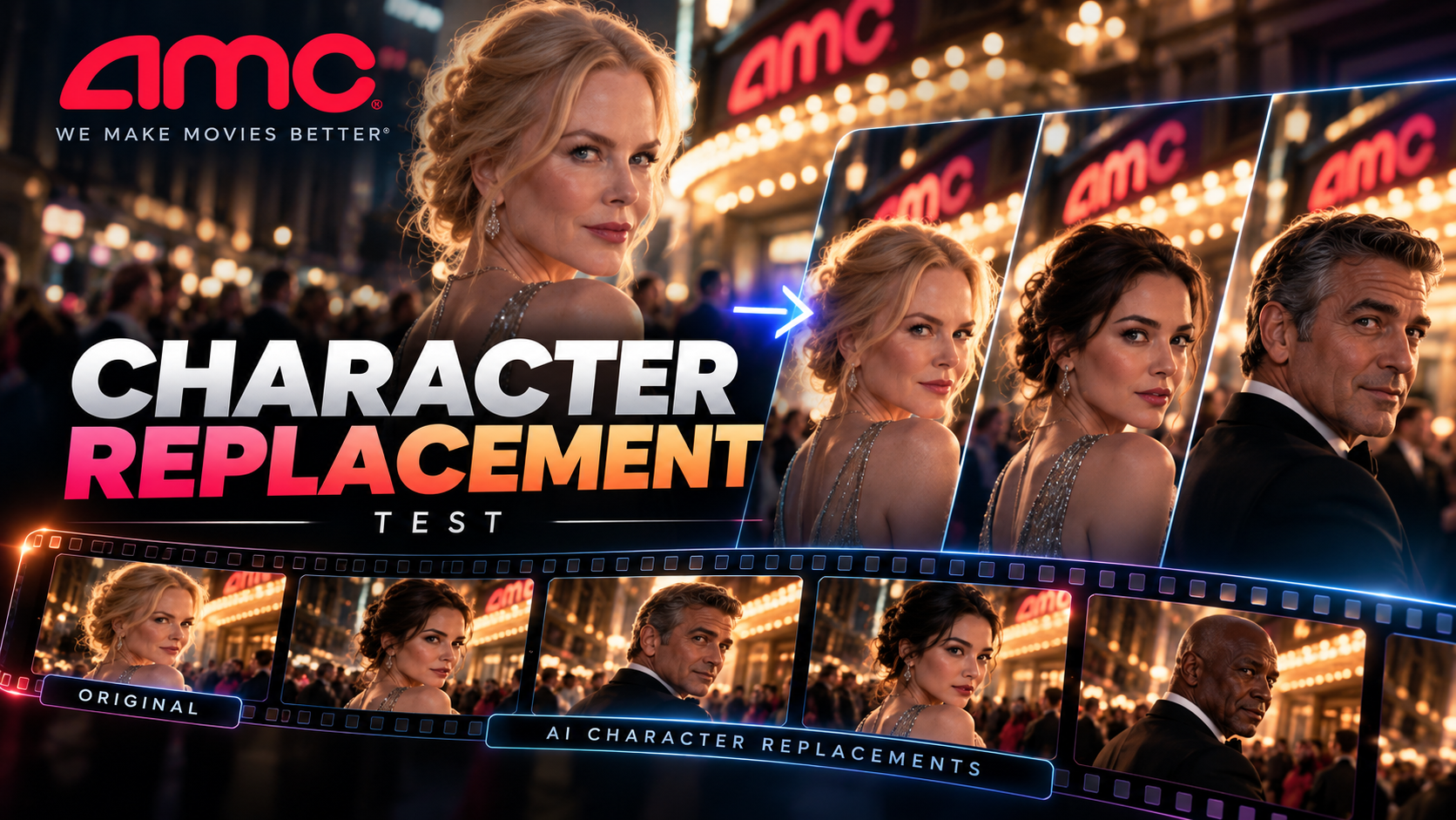 Promotional poster for a movie titled 'Character Replacement Test' showing a glamorous woman and a man in evening attire at a city street with bright lights, with a film strip overlay comparing original and AI-generated character images.