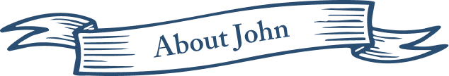 A navy blue banner with white text that says 'About John'.