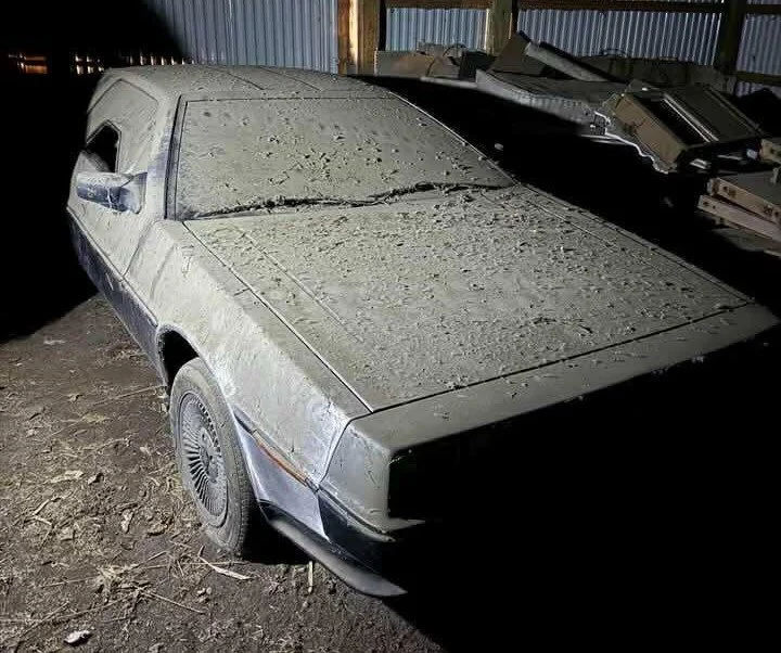 An old, dusty black sports car with a sleek, low profile is covered in a thick layer of dust and dirt, inside a dim warehouse with metal siding, with some objects stacked behind it.