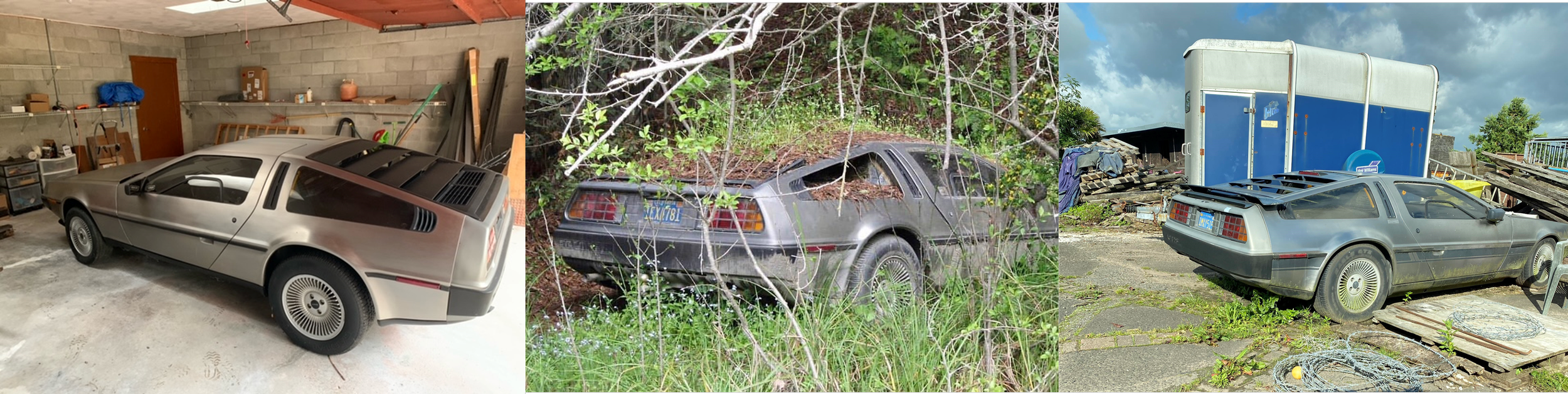 Three DeLoreans in different conditions: one inside a garage, one overgrown in a field, and one parked outside with a trailer in the background.