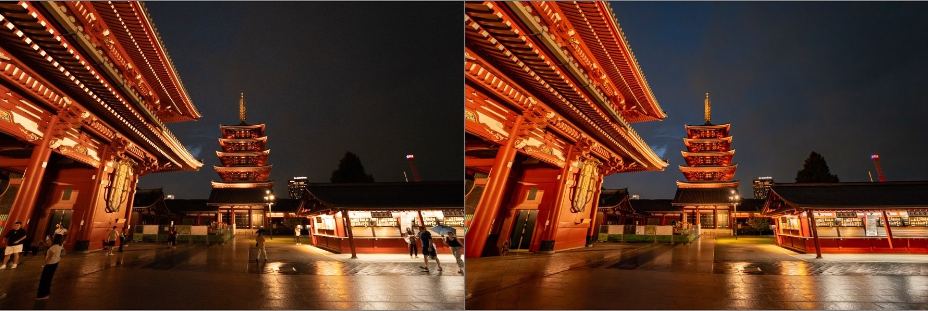 Zeichnung von einem beleuchteten Pagodentempel in Japan bei Nacht mit Menschen im Vordergrund.