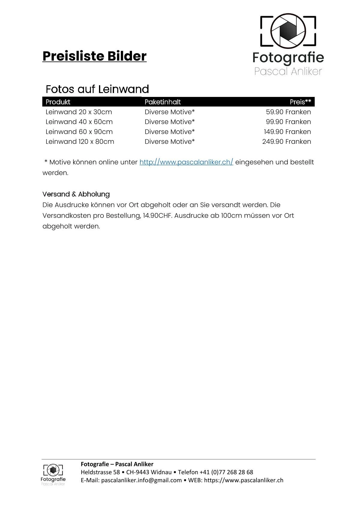 Preisliste für Fotodrucke auf Leinwand mit verschiedenen Größen und Motiven, inklusive Preisen und Kontaktdaten des Fotografen Pascal Anliker.