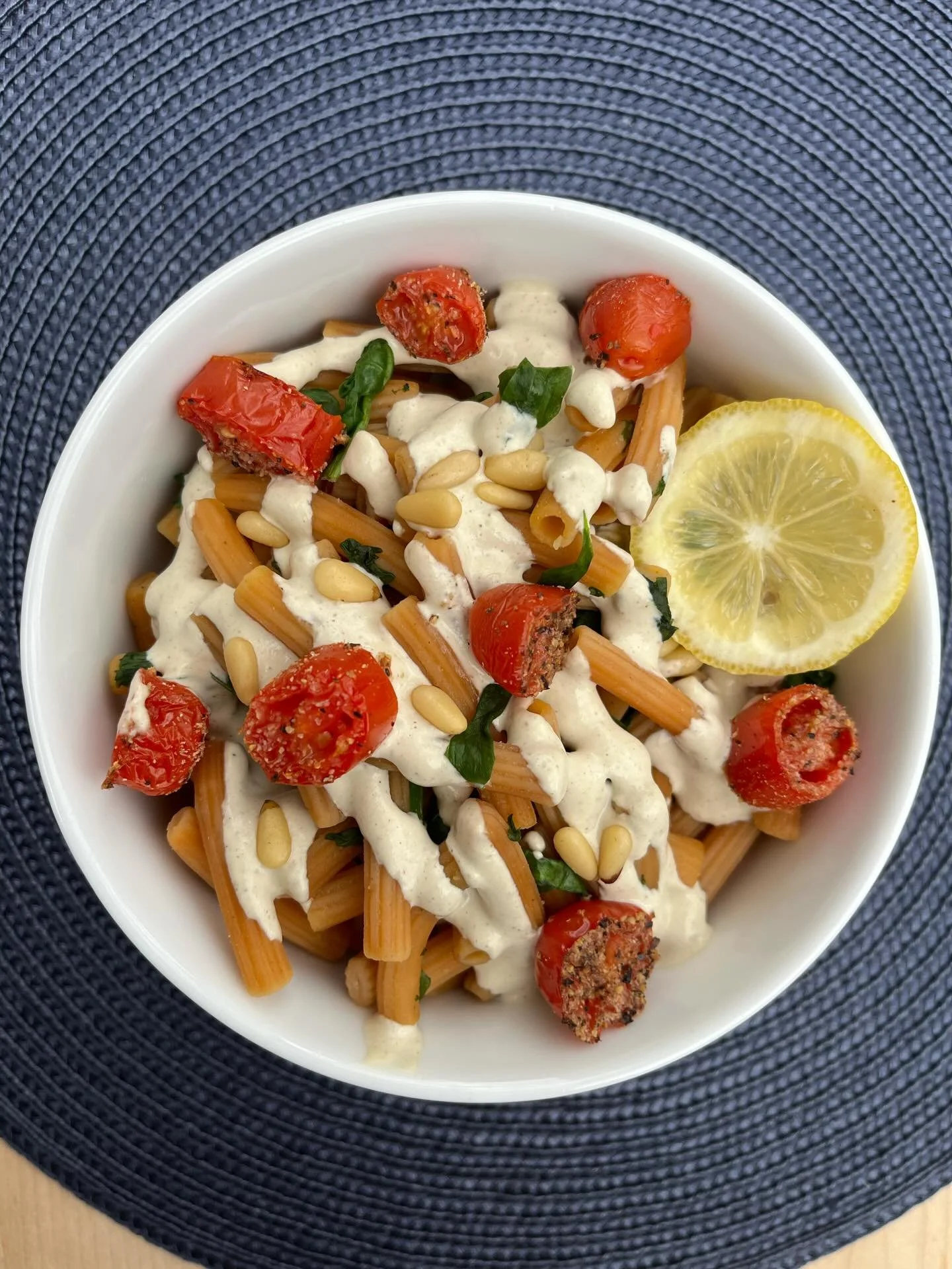 Lemon, Garlic and Thyme Sauce w/ red lentil pasta. We whip up this hearty little protein-rich meal at least twice a month. The sauce comes together quickly in the Vitamix while the pasta boils and the tomatoes roast. 🍅🍋🧄

If you&rsquo;re just star