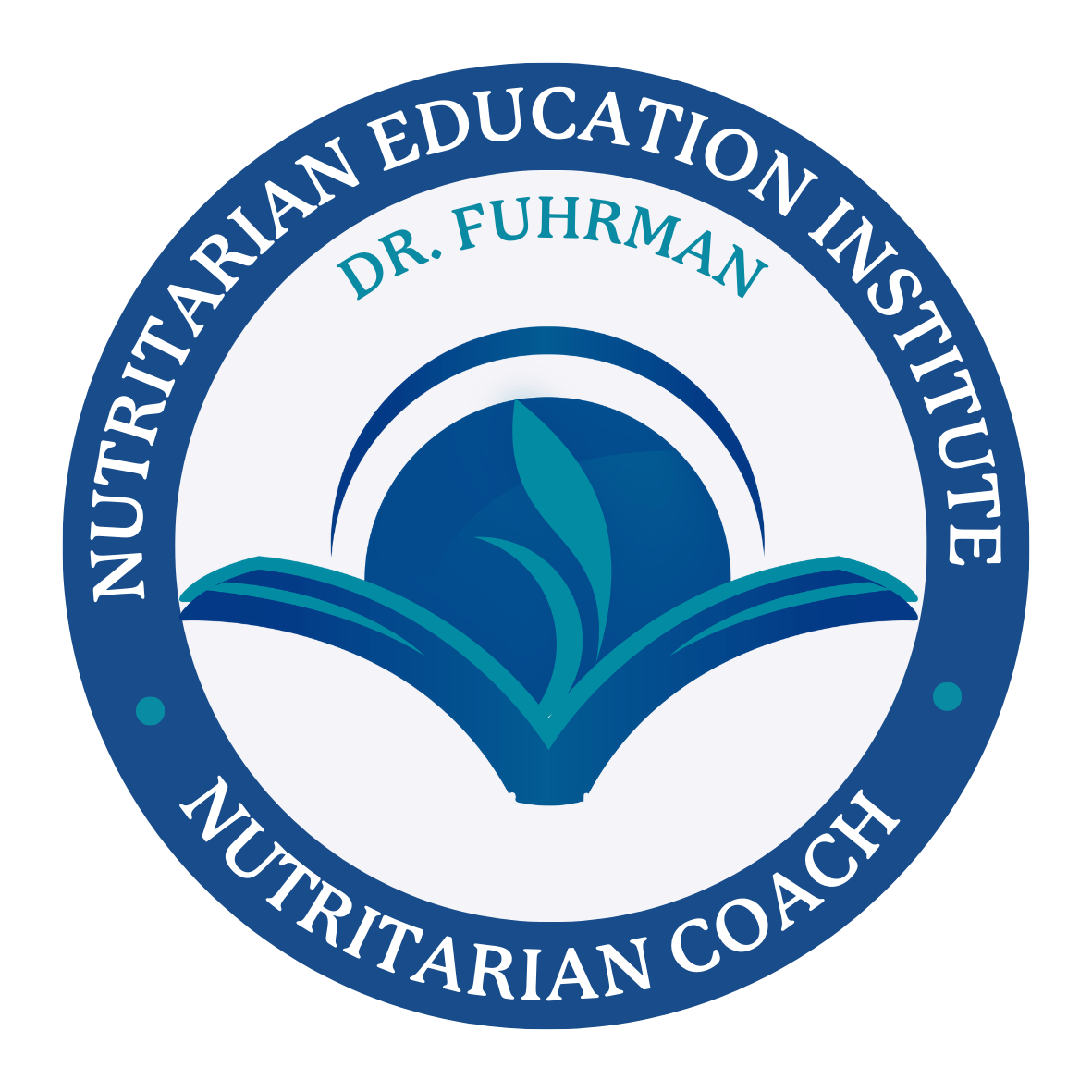 Logo for the NUTRITARIAN EDUCATION INSTITUTE featuring a stylized open book with a leaf in the center and the name Dr. Fuhrman.