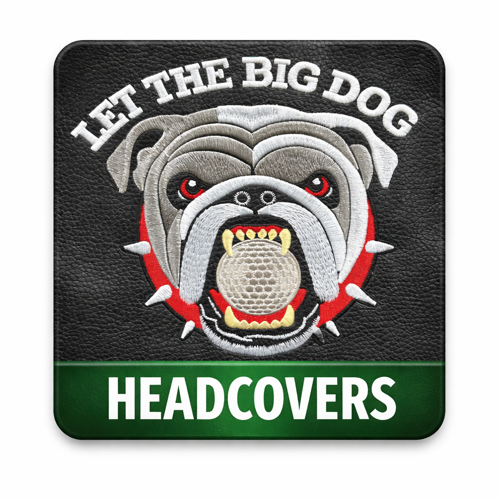 Embroidery of a bulldog's face with the words 'Get the Big Dog' above and 'Headcovers' below. The bulldog has a fierce expression with red eyes, bared teeth, and a spiked collar on a black background.