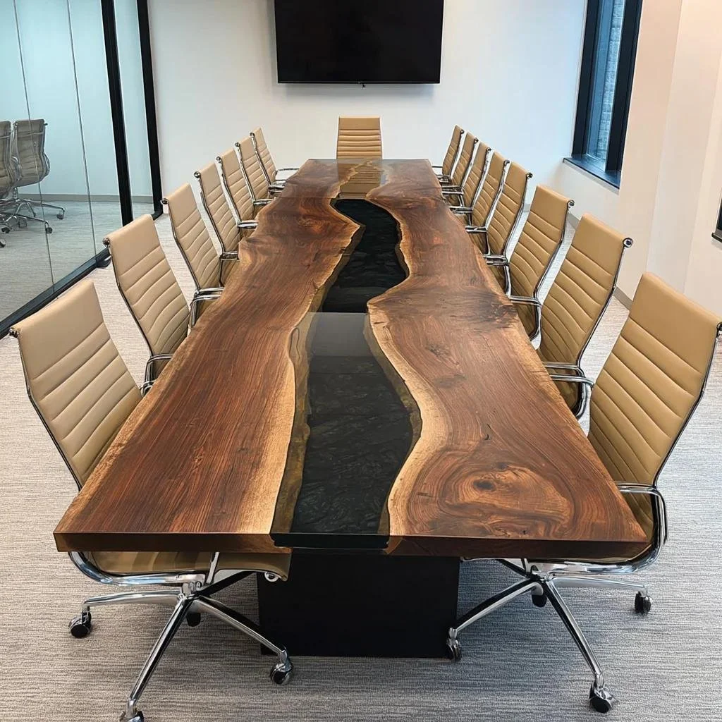 Modern conference room with a live-edge wood and black epoxy conference table surrounded by tan leather office chairs.