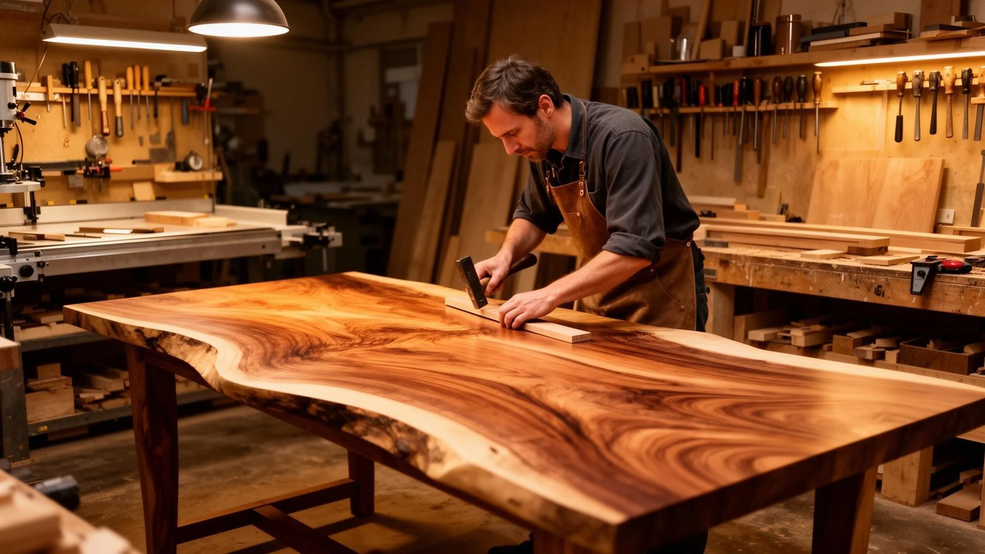 Woodworker carving a live-edge wooden table in a warm, tool-filled workshop