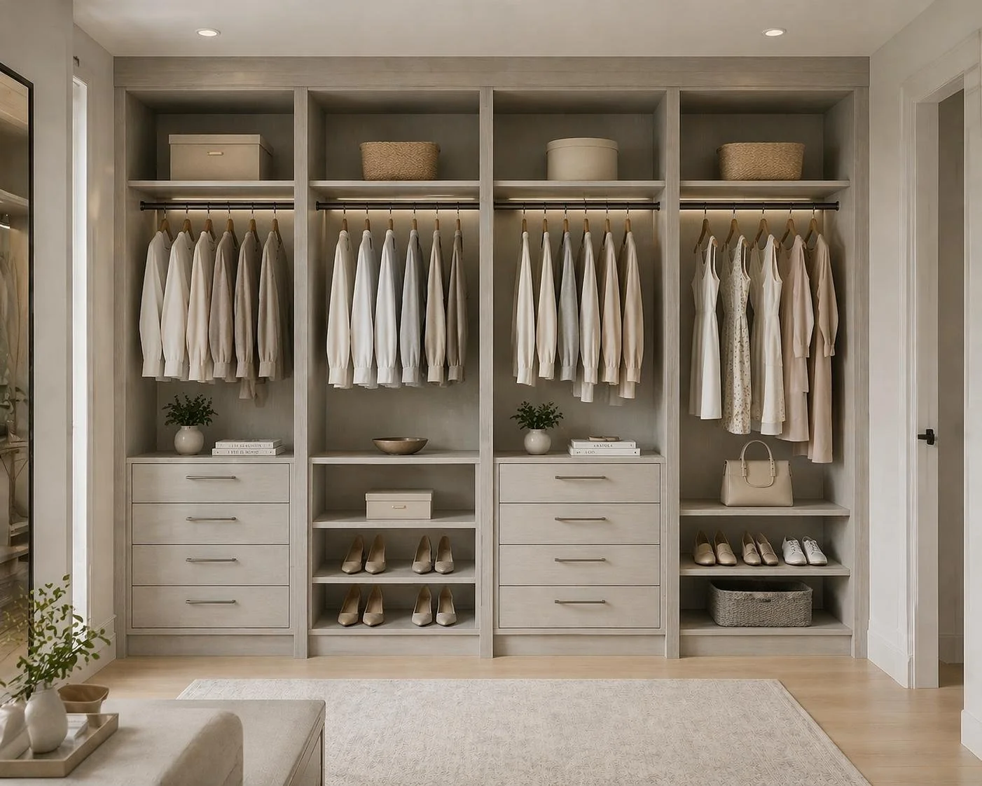 Elegant walk-in closet with built-in wood shelving, neutral clothing, handbags, shoes, storage baskets, and drawers.
