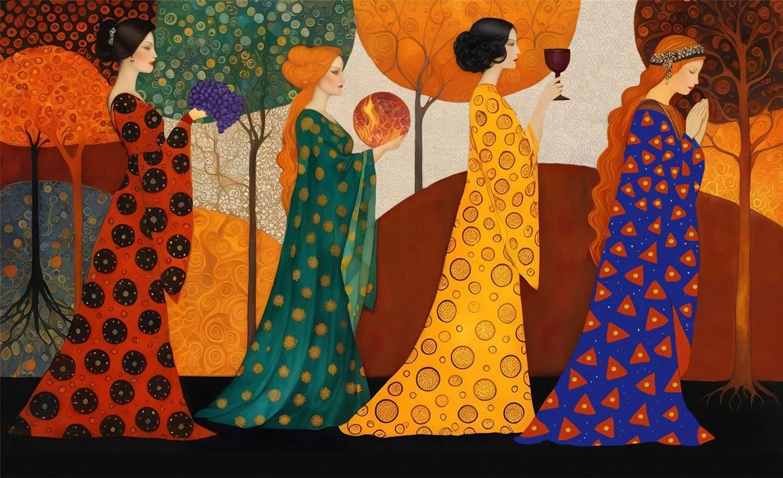 Four women dressed in colorful, patterned robes or dresses, walking in a line through a stylized autumn landscape with trees.”}