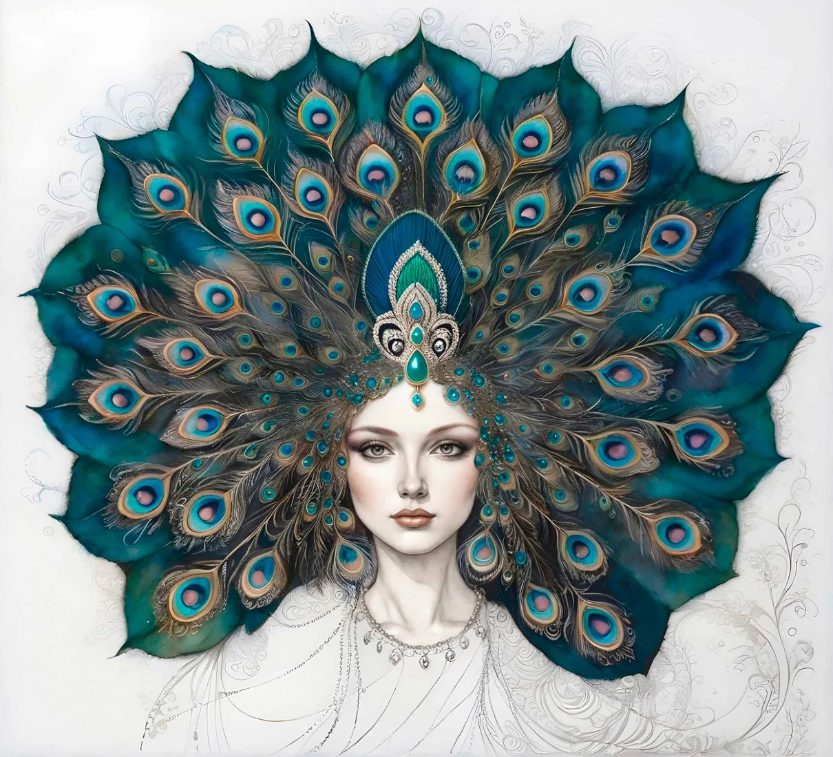 A digital artwork of a woman with a peacock feather headdress that resembles a peacock's tail, featuring vibrant blue, teal, and gold colors.