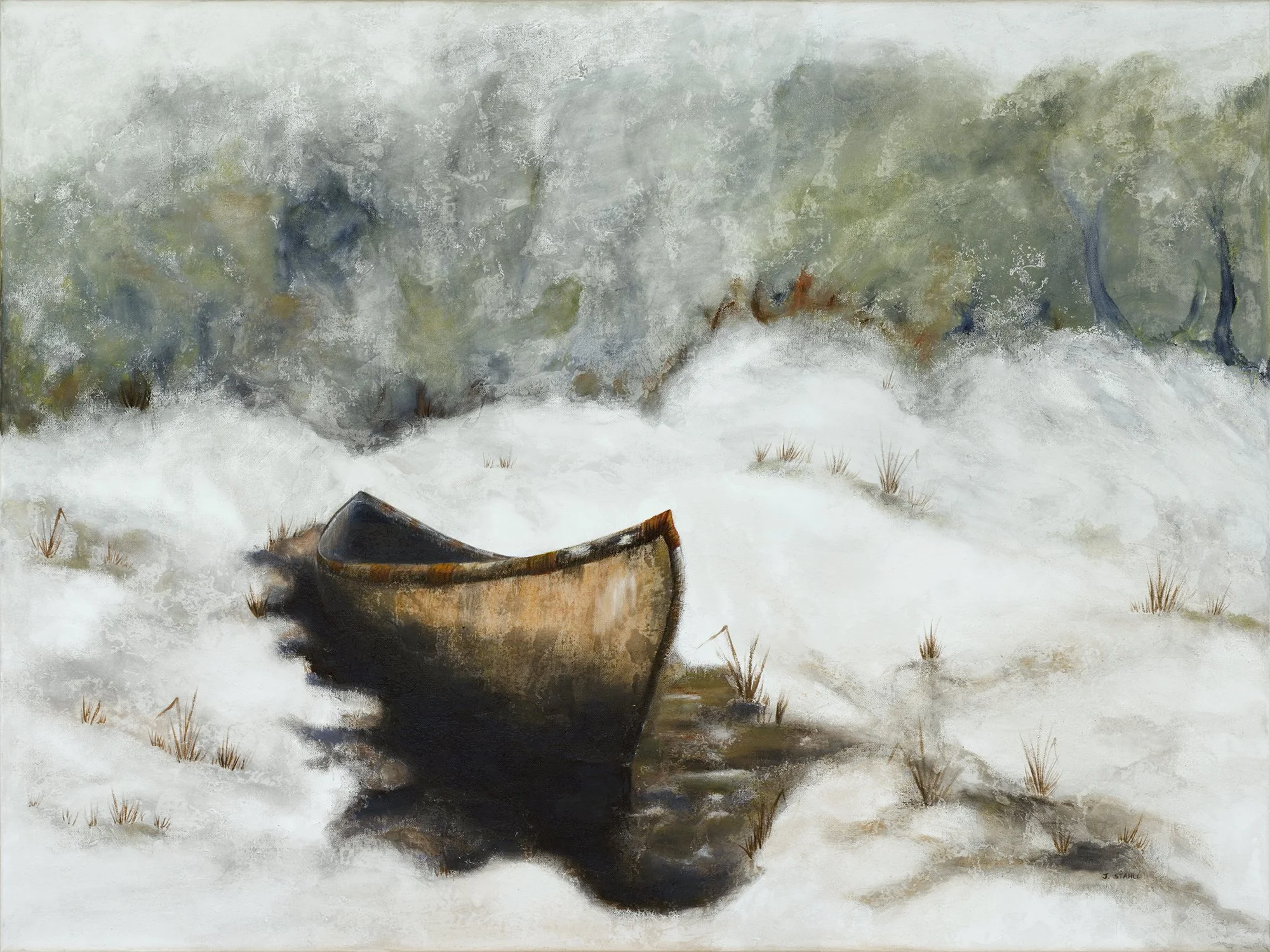An old overturned boat resting on snow-covered ground with sparse patches of grass, set against a foggy, tree-filled background.