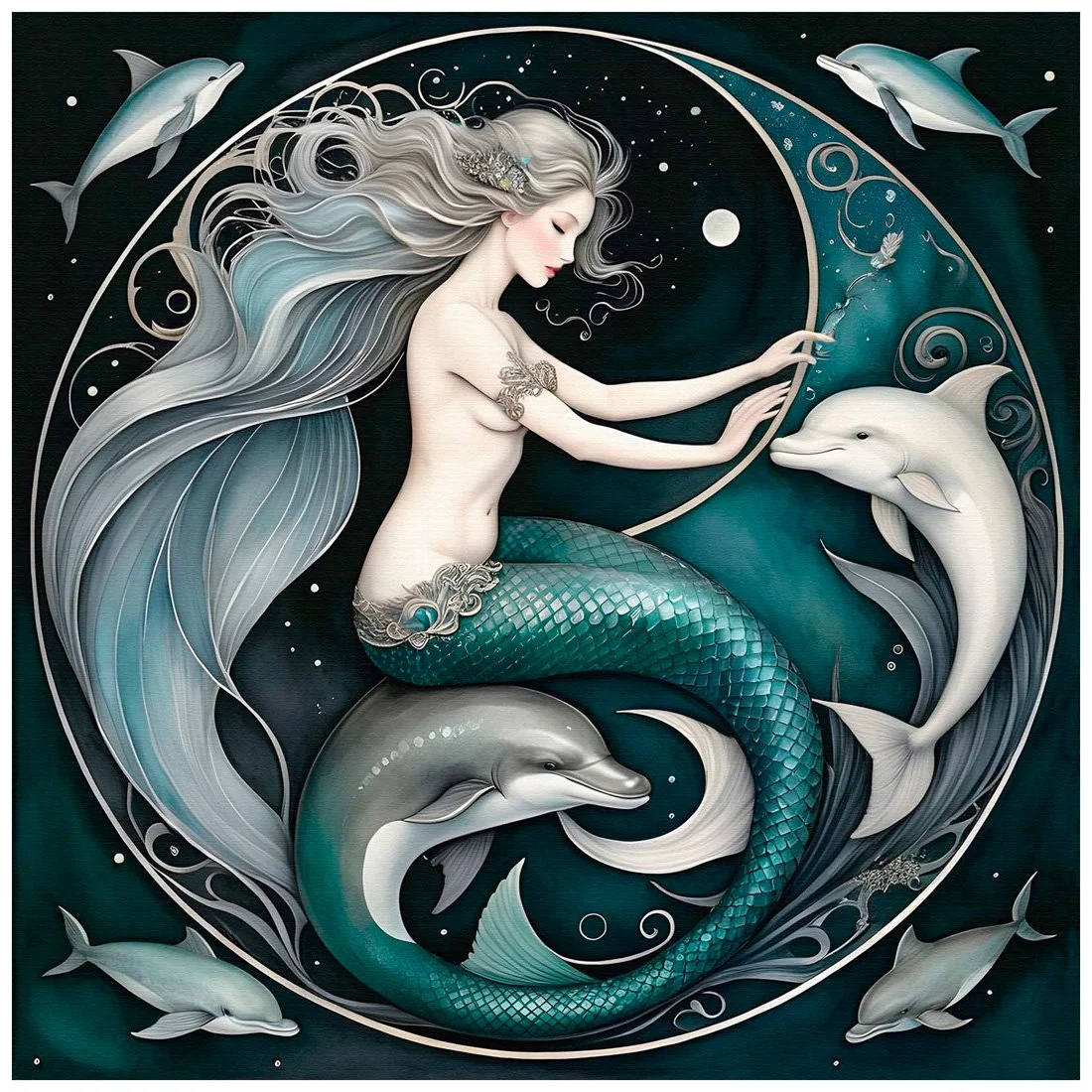A digital illustration of a mermaid with long flowing silver hair, surrounded by dolphins and ocean elements, under a night sky with the moon.