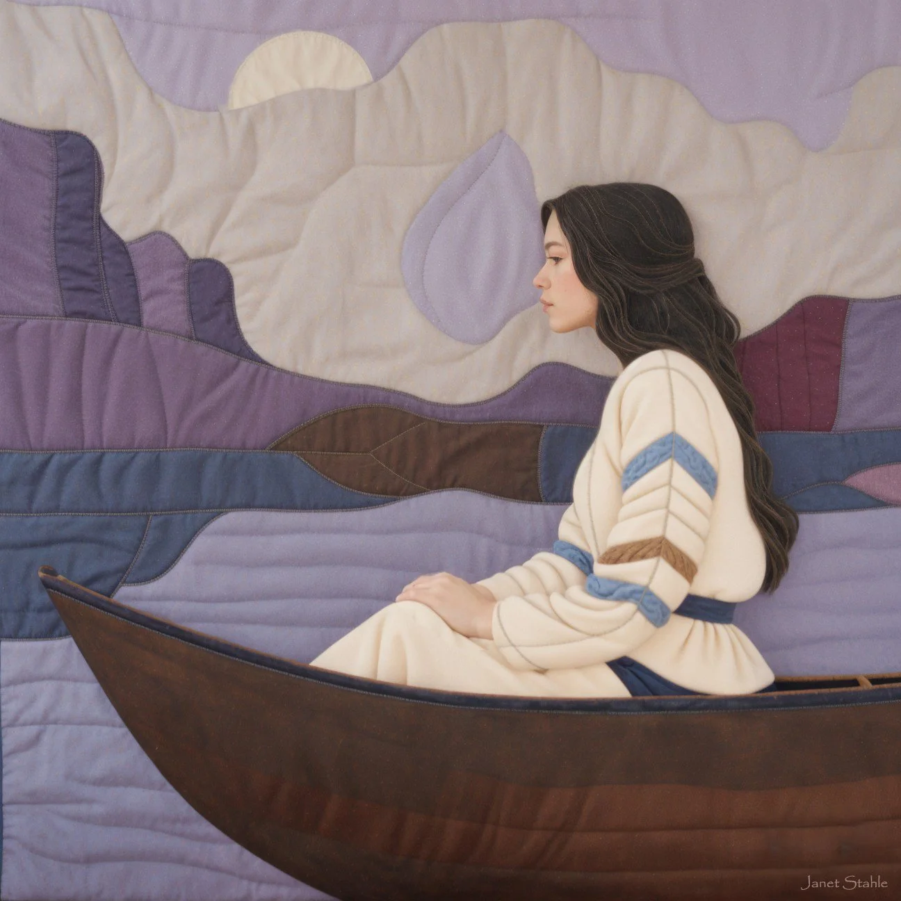 A woman with long dark hair in a light-colored dress with blue and brown stripes on the sleeves, sitting in a wooden boat against a textured, abstract landscape background with mountains, water, and a cloudy sky.