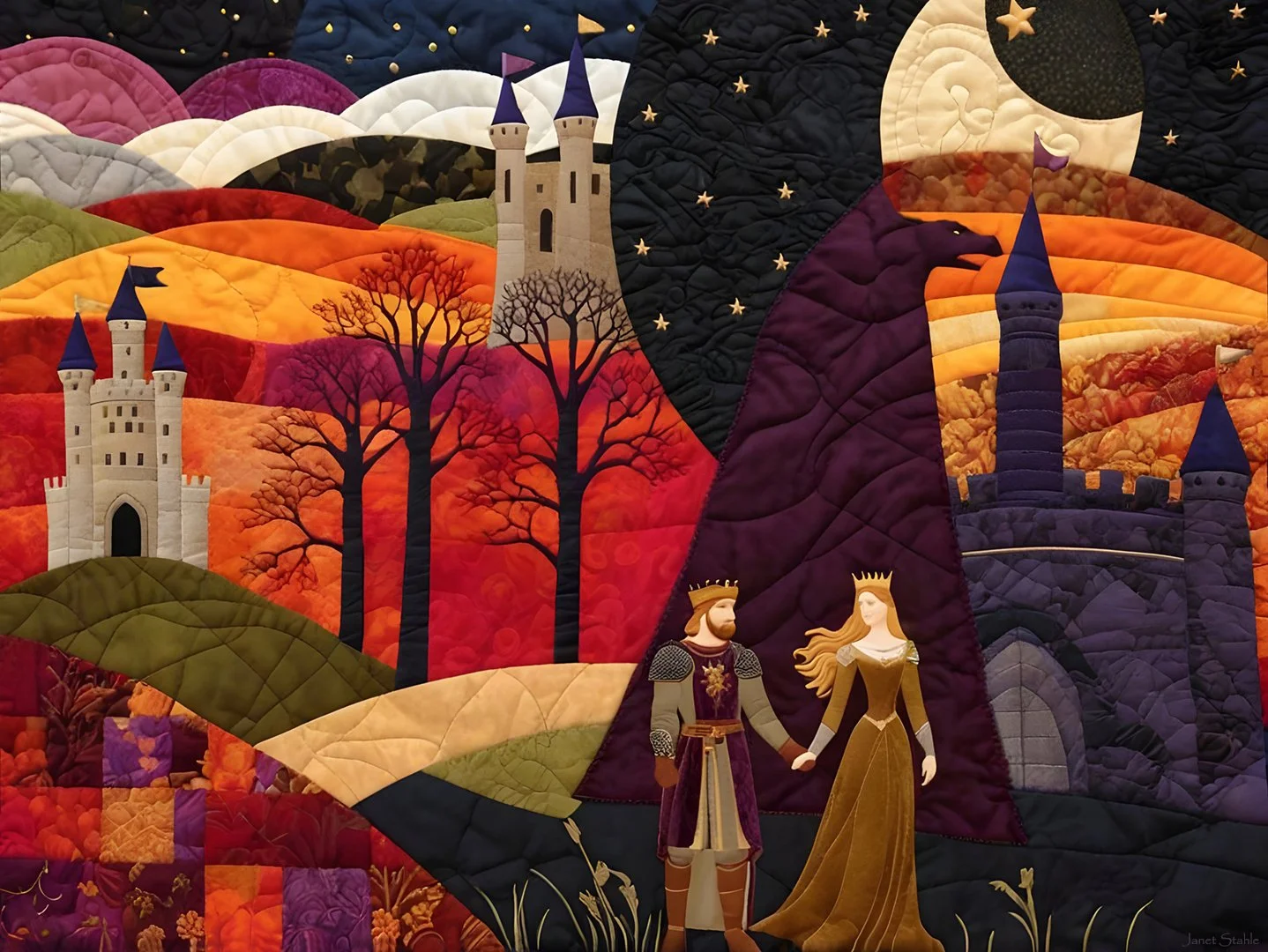 A colorful quilt depicting castles, trees, mountains, a moon with stars, and a prince and princess holding hands.