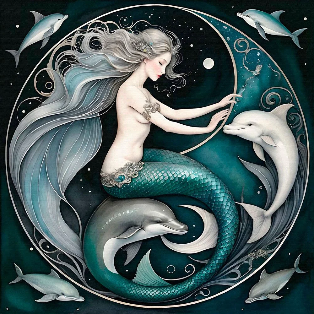 An artistic illustration of a mermaid with long flowing hair, sitting in the ocean surrounded by dolphins and other fish, under a moonlit sky with stars.