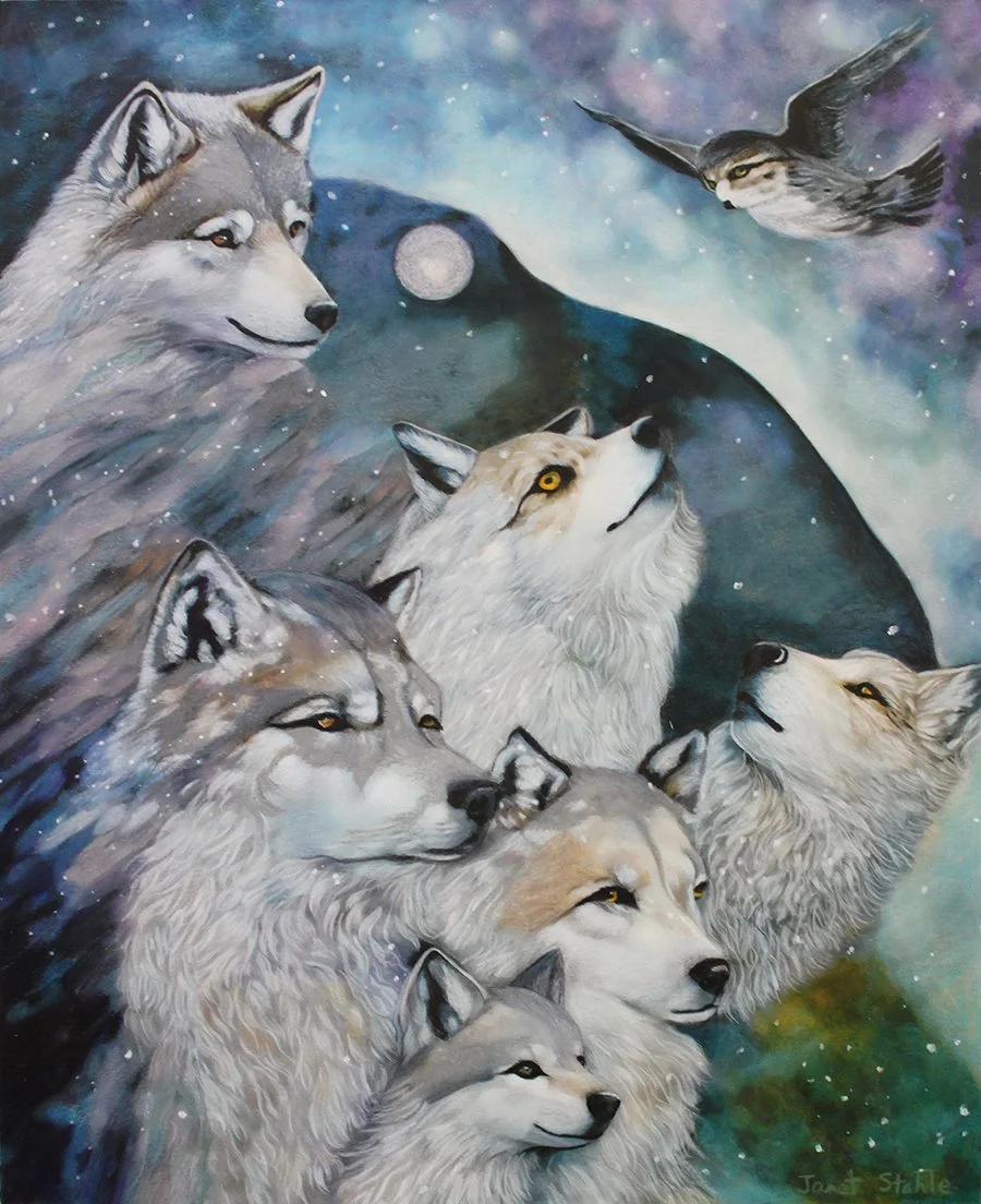 A colorful painting of wolves and a bird in a cosmic landscape. The wolves are depicted in various poses, looking upwards, with a full moon and starry sky behind them. A bird flies in the upper right corner.