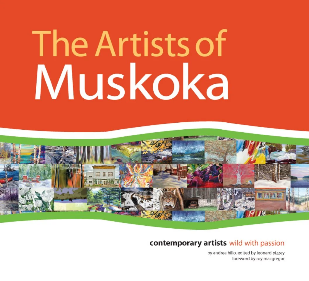 Cover of a book titled "The Artists of Muskoka" featuring a collage of various landscape and abstract paintings with a red background and green accents.
