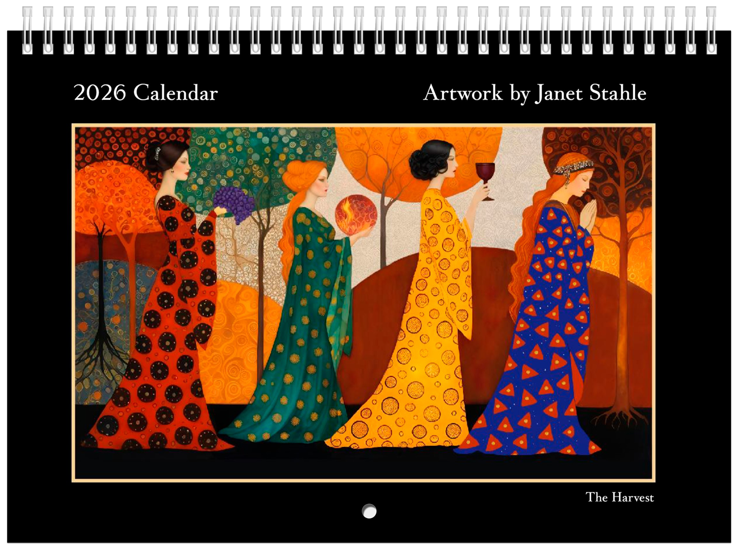Colorful artwork titled 'The Harvest' showing five women in patterned dresses walking among autumn trees, holding a globe and a wine glass.