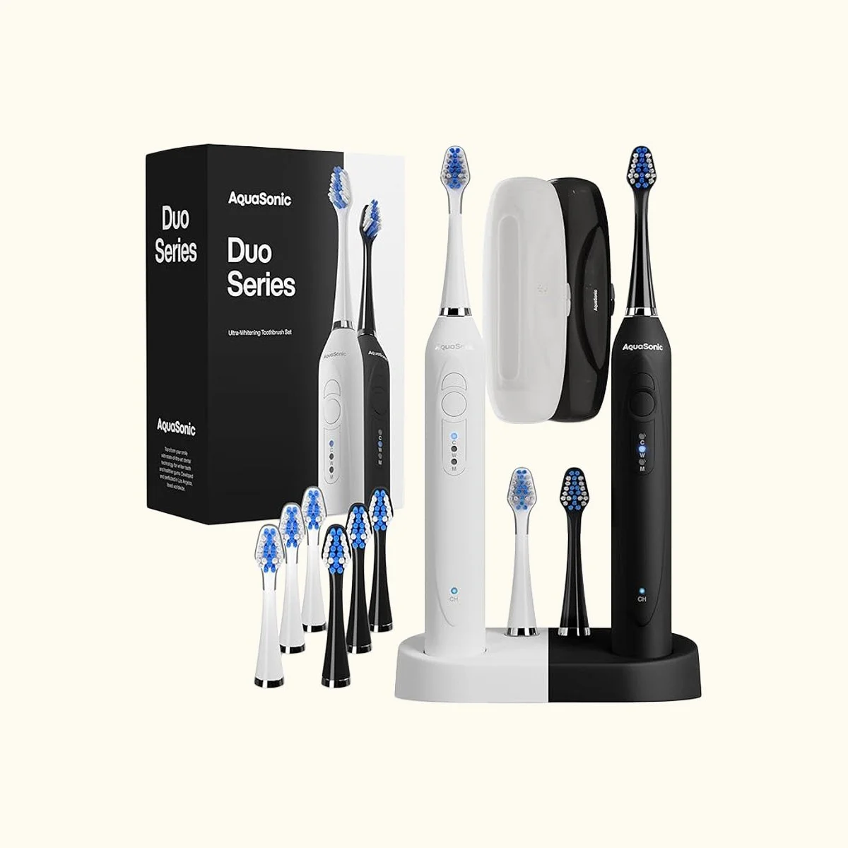 aqua sonic duo series electric toothbrush in a yellow background