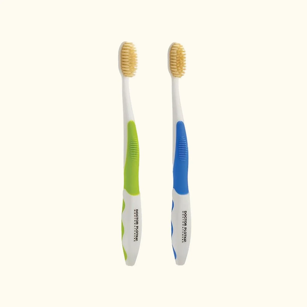 dr.plotka's mouthwatchers soft flossing manual toothbrush in a yellow background
