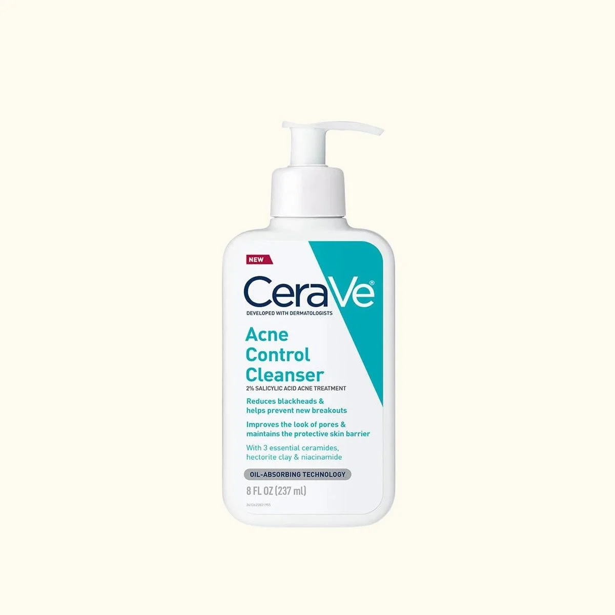 cerave acne control cleanser with 2% salicylic acid in a very light yellow background