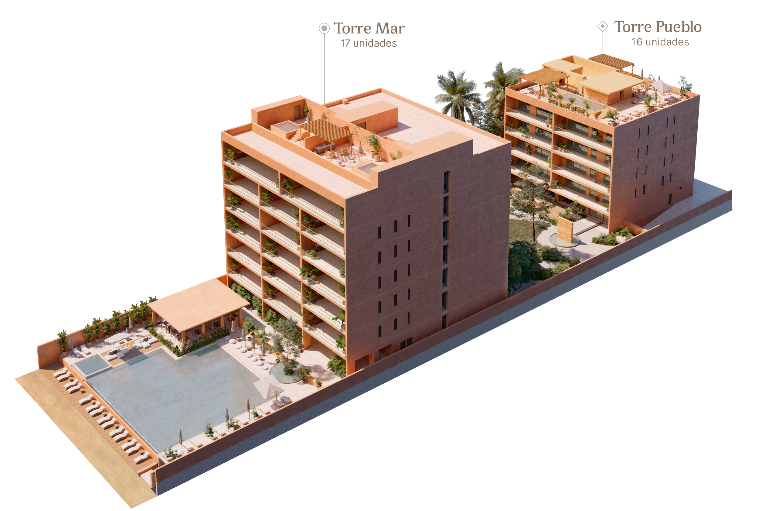 Modelo en 3D de dos edificios residenciales con terrazas y un área de piscina y área social en el primer plano, con vegetación y caminos en el entorno.
