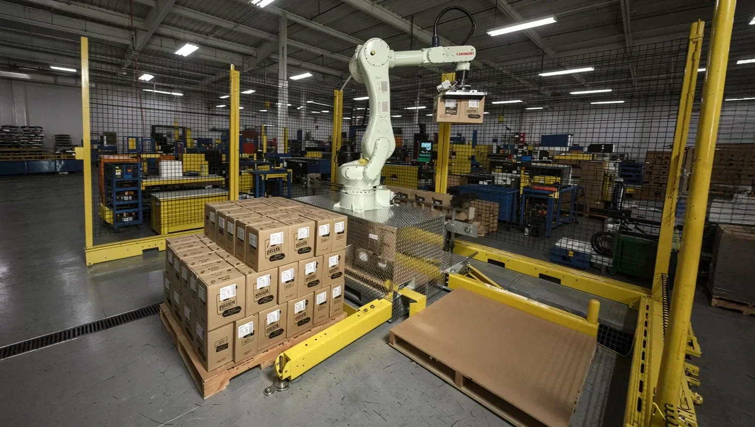Robotic arm packaging boxes in a warehouse with industrial equipment and storage shelves in the background.