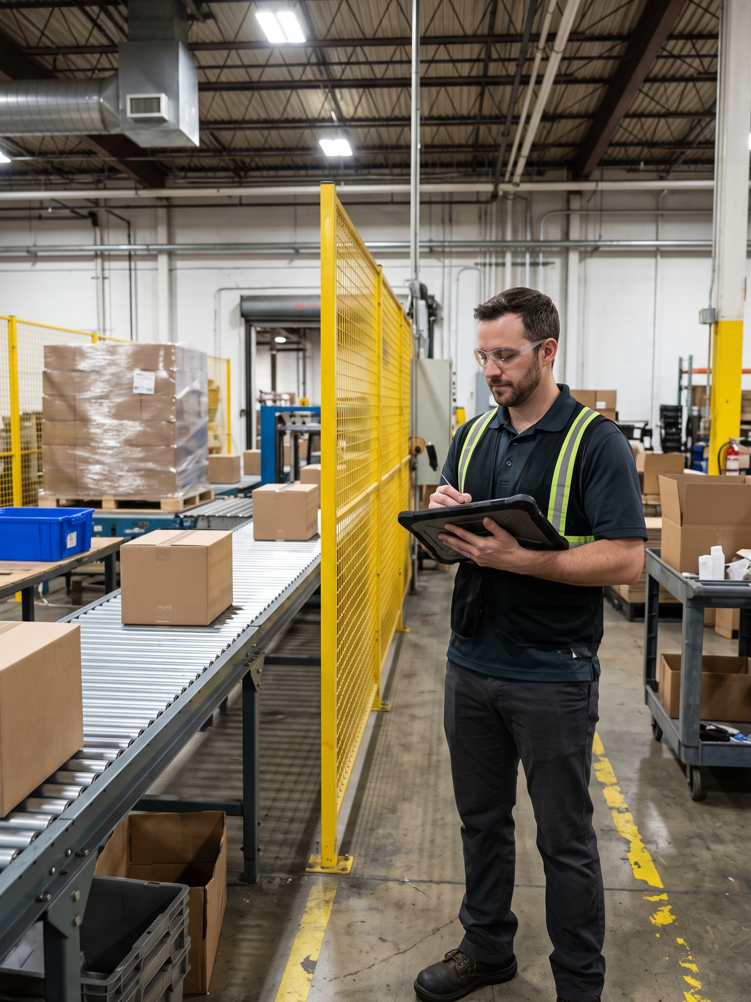 A male engineer evaluates a warehouse shipping facility for palleting availability
