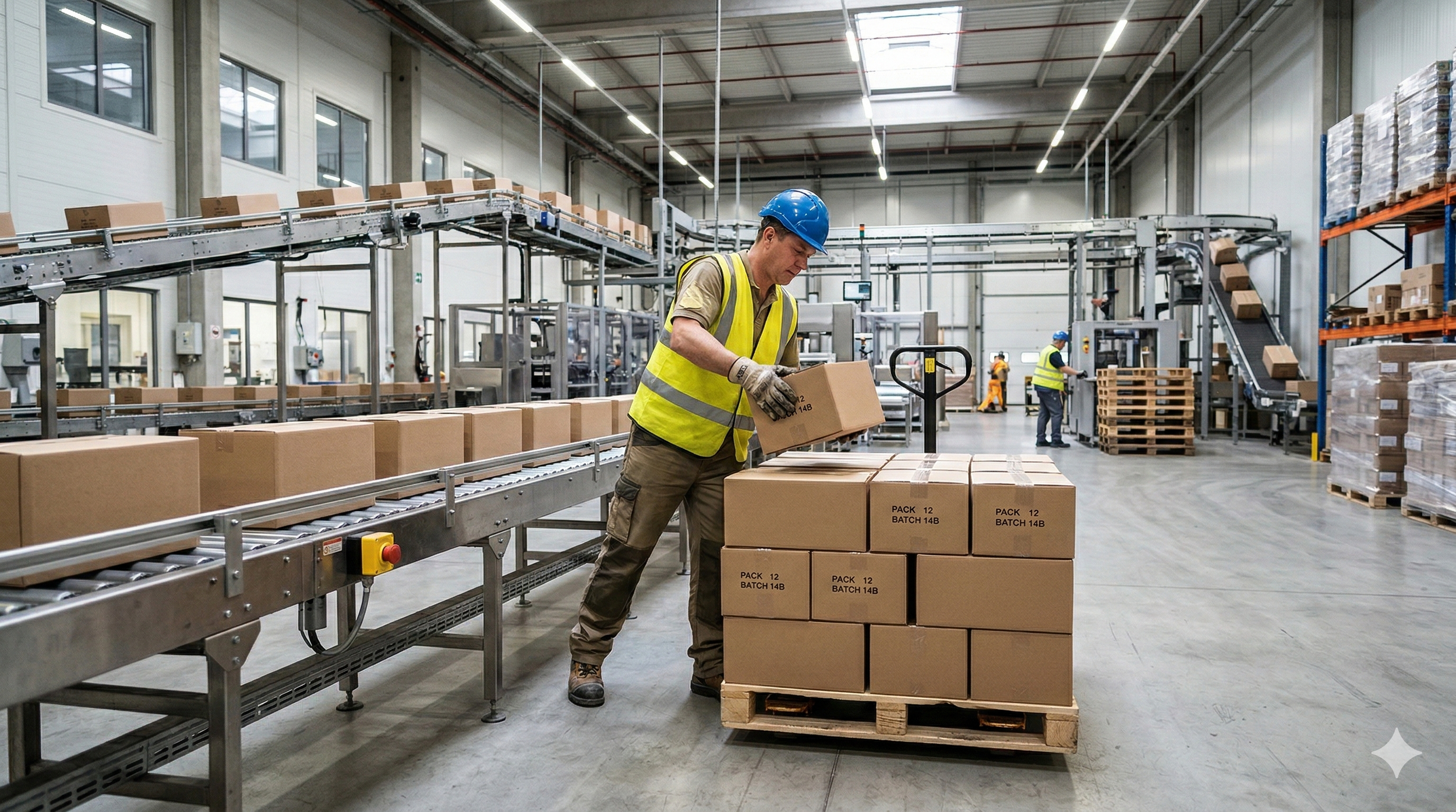 A male worker pulls boxes off a conveyor line and manually stacks them on a pallet.