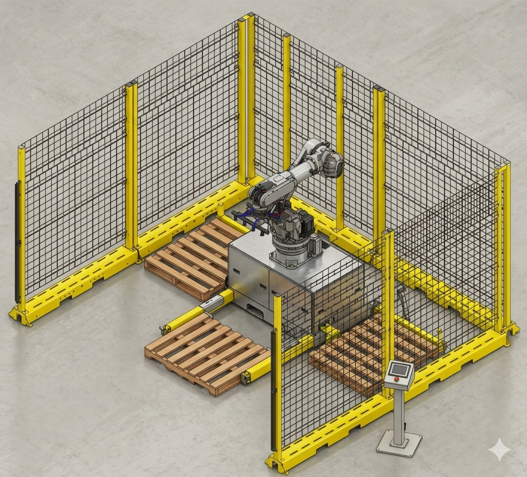 An illustration of the safety cage around a BTB solutions robot