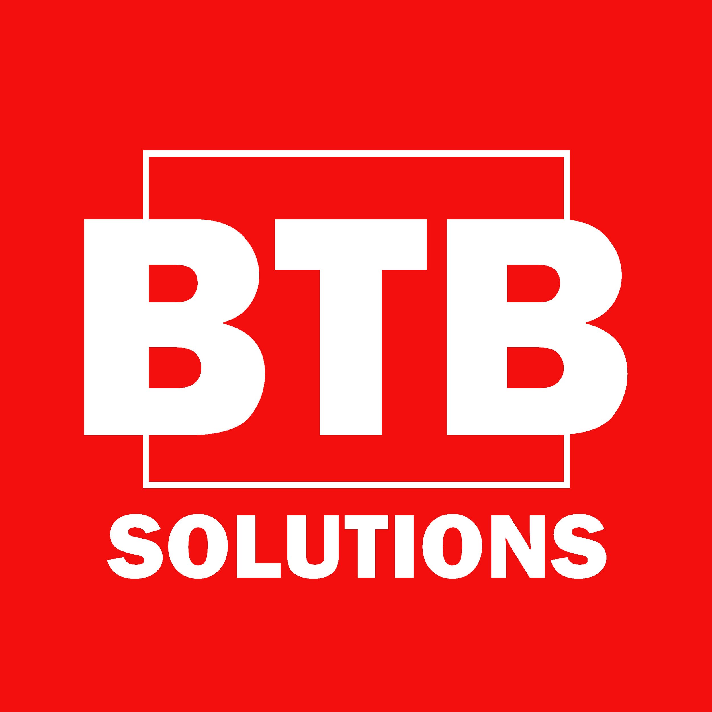 Red background with white text that reads 'BTB Solutions' inside a white rectangle outline.