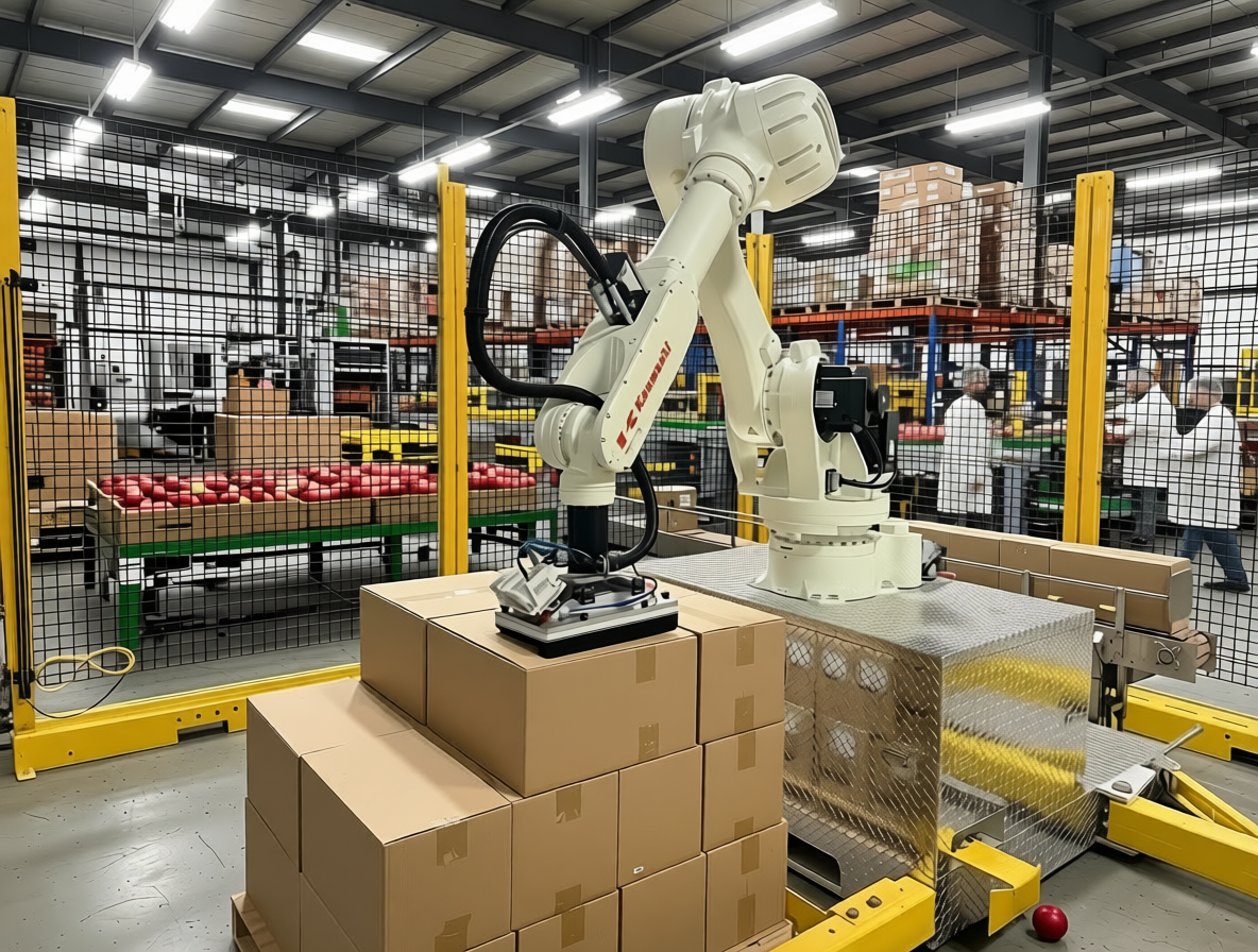 A robotic arm palletizes boxes of apples