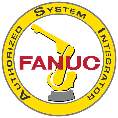 A circular logo with a yellow border and black and yellow text that reads 'Authorized System Integrator'. Inside, there is a yellow robotic arm with a red text 'FANUC' across the middle.