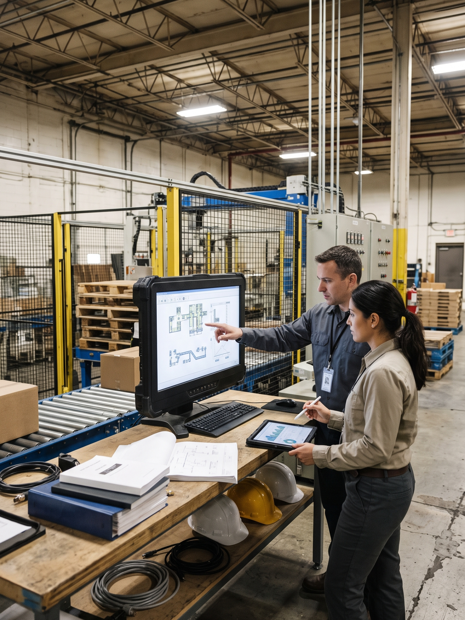 2 engineers, one male, one female, impliment a palletizing solution to a warehouse