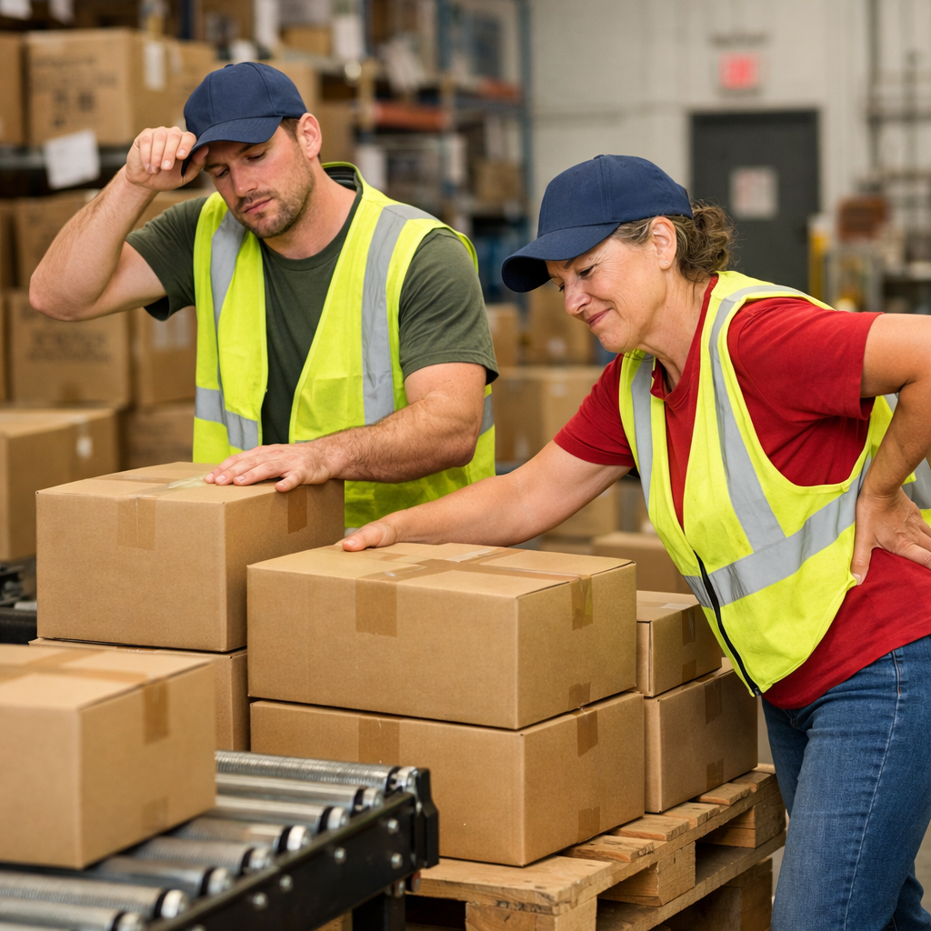 Two warehouse workers, a man and a woman, wearing yellow safety vests and blue caps, are inspecting cardboard boxes on a conveyor belt in a storage facility filled with shelves of boxes.