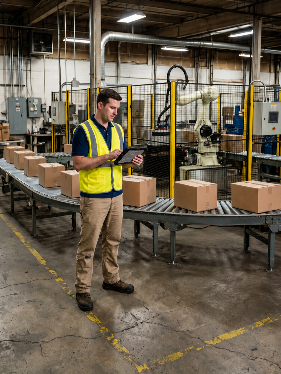 A BTB Solutions engineer evaluates the palletizing solution