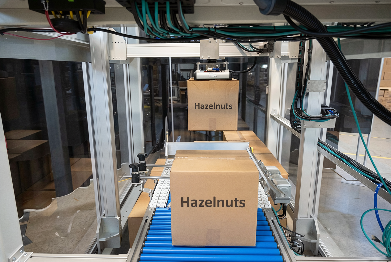 Boxes of Hazenuts are automatically palletized with the compact Uno palletizer