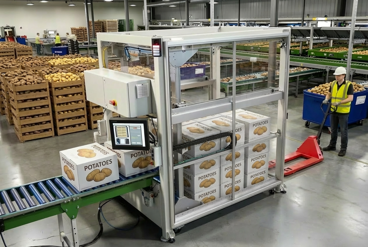 A worker moves a pallet into position to transport a pallet of potato boxes out of the Uno palletizer from BTB solutions