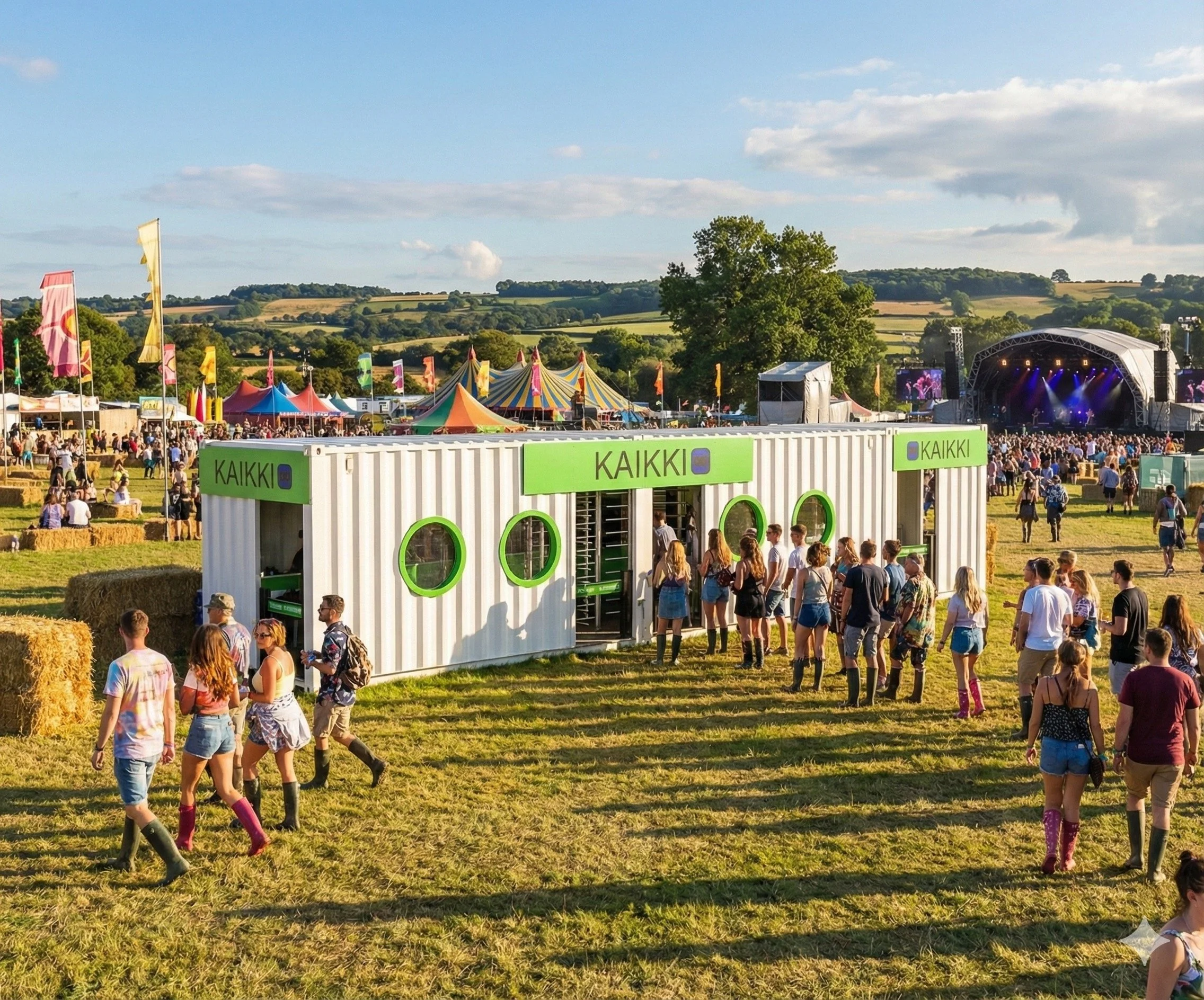 Kaikki modular festival bar featuring Amazon Just Walk Out technology. This white container unit with green branding offers frictionless, queue-free service to crowds at a sunny outdoor music event, surrounded by hay bales and concert stages.