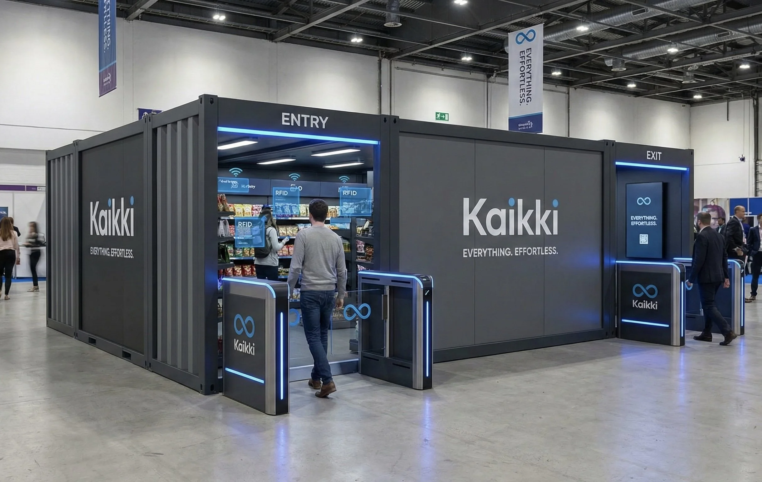 Discover Kaikki’s frictionless modular RFID store—an innovative retail solution offering seamless, cashier-less shopping inside a compact container unit. Featuring automated entry/exit gates, real-time RFID tracking, and snack-filled shelves, Kaikki 