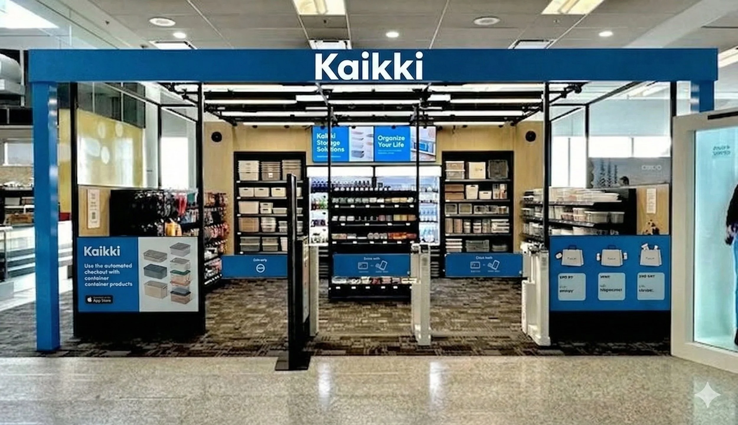 Indoor Kaikki modular composite store featuring automated frictionless checkout. This smart retail unit offers grab-and-go lifestyle products and snacks via secure turnstile entry in a modern, open-plan concourse setting.