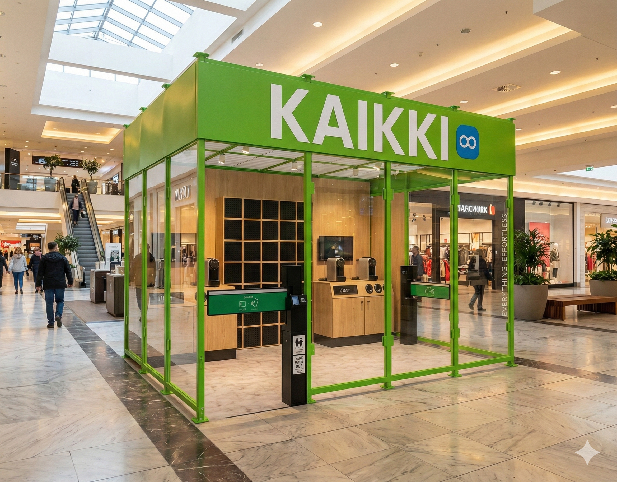 Green Kaikki modular composite store using Amazon Just Walk Out technology in a shopping mall. This frictionless pop-up unit features automated turnstiles, open-frame design, and cashierless retail capability for modern indoor shopping.