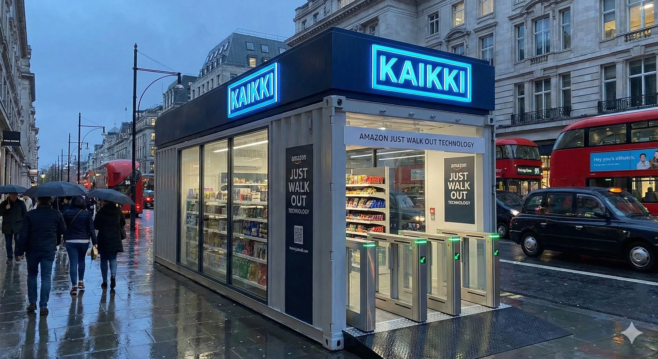 Exterior of a Kaikki modular retail store in London using Amazon Just Walk Out technology for frictionless, cashierless shopping. The modern pop-up unit features automated turnstiles and glass windows on a rainy urban street.