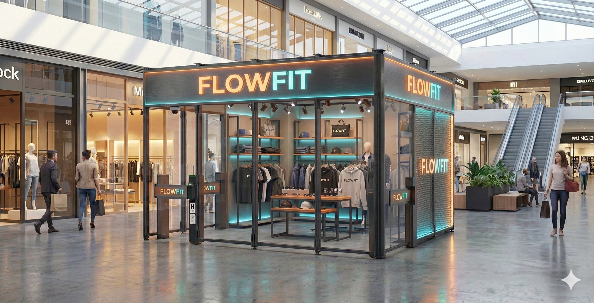 Kaikki modular clothing unit branded "FLOWFIT" using Amazon Just Walk Out technology. Located in a mall atrium, this frictionless pop-up features a modern black frame, neon lighting, and automated turnstiles for cashierless apparel shopping