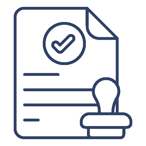 Icon of a document with a checkmark inside a circle and a rubber stamp.