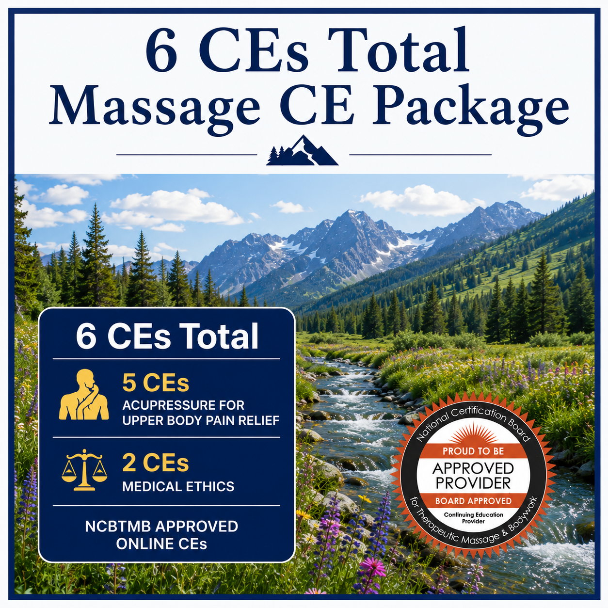 6 CEs Massage Package promotion on a nature landscape of  a river and mountains with clouds in the sky.