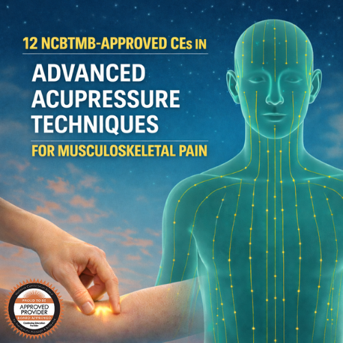 Teal Meridian stature with a blue background and a practitioner hand pressing n the statue arm. For 12 NCBTMB-Approved CEs in Advanced Acupressure Techniques for Musculoskeletal Pain.