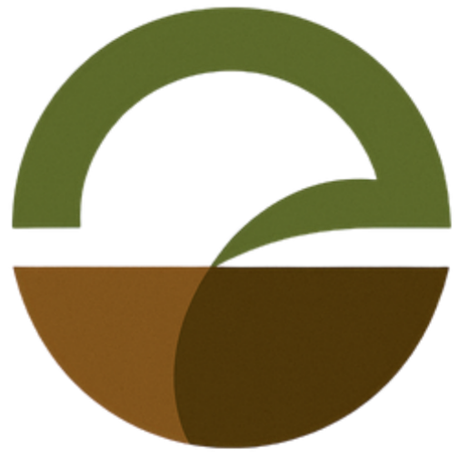 A stylized, abstract plant with green leaves and brown soil or ground beneath it.